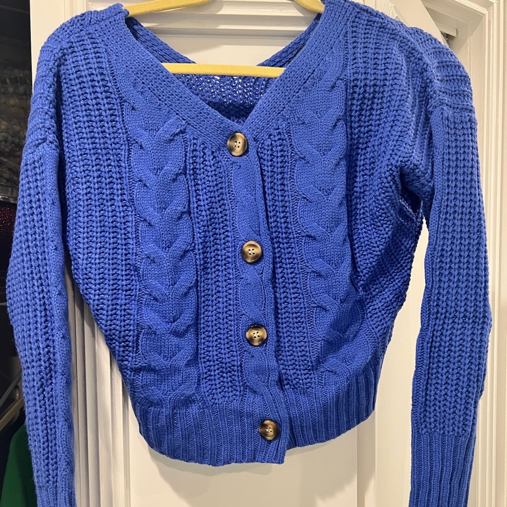 Size small, cobalt blue button down sweater.